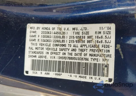 2005 Honda Cr-V Ex from USA, damaged, VIN SHSRD78895U308784